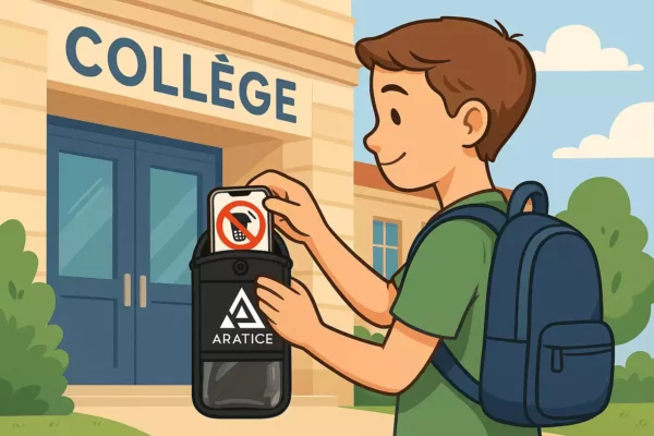 Illustration d'un collégiens insérant son téléphone portable dans une pochette anti-ondes Araphone Blocker d'Aratice