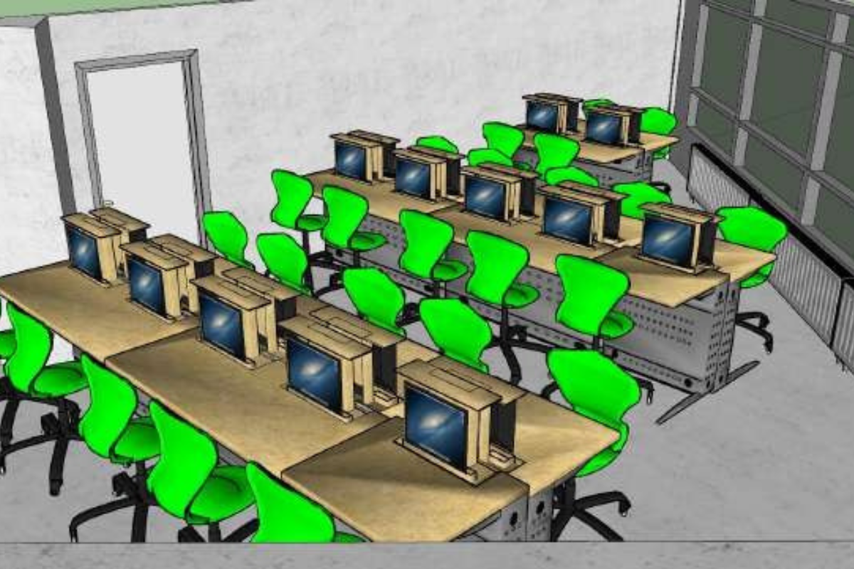 Simulation 3D d'une salle informatique, aménagement de la salle avec du mobilier flexible composés de bureau avec ordinateur intégré et chaises mobiles.