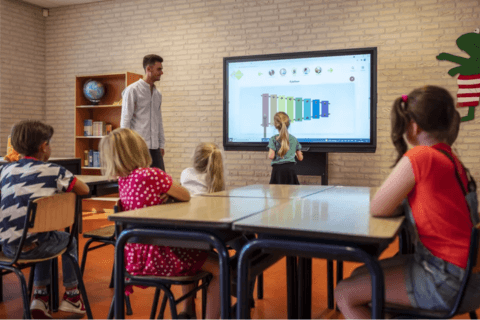 Enseignant utilisant un écran interactif numérique dans une salle de classe moderne.