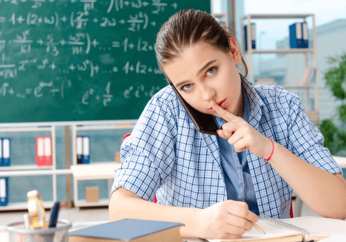 Élève en classe tenant un smartphone et faisant un geste de silence