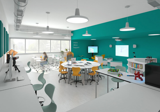 Salle de classe moderne équipée de mobilier scolaire innovant avec chaises ergonomiques, tables collaboratives et équipements numériques