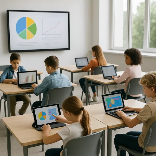 Salle de classe mobile et moderne avec des élèves utilisant des PC portables et des tablettes pour l’apprentissage numérique – solutions Aratice.