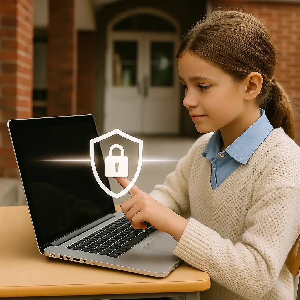 Élève utilisant une tablette dans une salle de classe, avec un filtre de sécurité internet pour une navigation protégée.