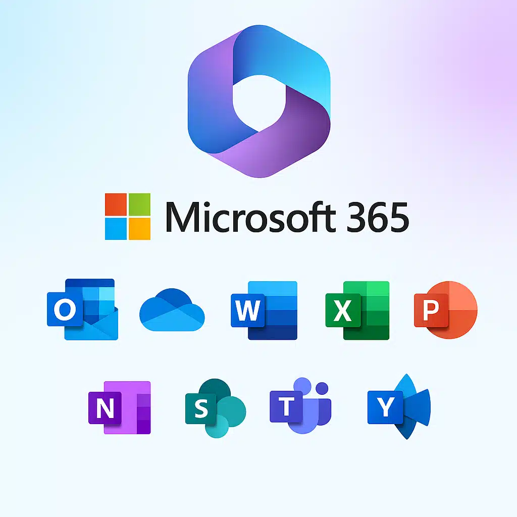 Visuel des icônes Microsoft 365 avec Office, Teams, Outlook, Word, Excel, PowerPoint et autres outils – solutions logicielles numériques.