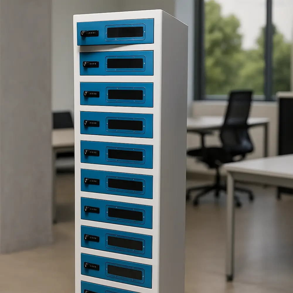 Mobilocker 10++C Glass – armoire de stockage sécurisée avec casiers à code pour tablettes, dans une salle de classe moderne.